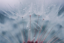 drops on the dandelion flower seed in springtime, blue background