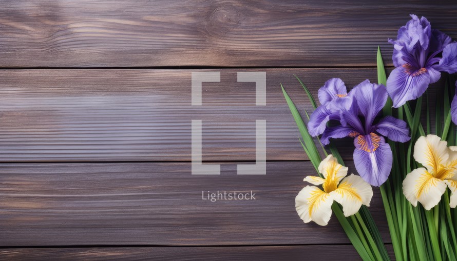Bouquet of irises on a wooden background. View from above.