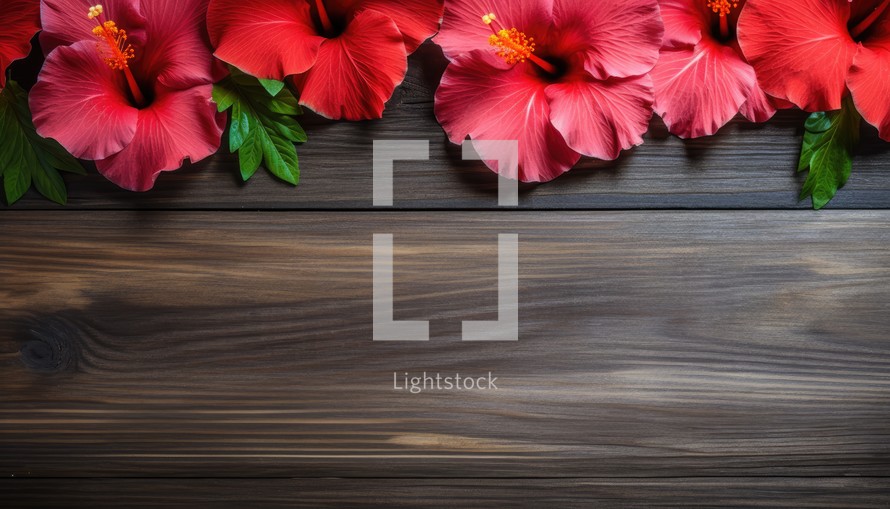Hibiscus flowers on wooden background. Top view with copy space