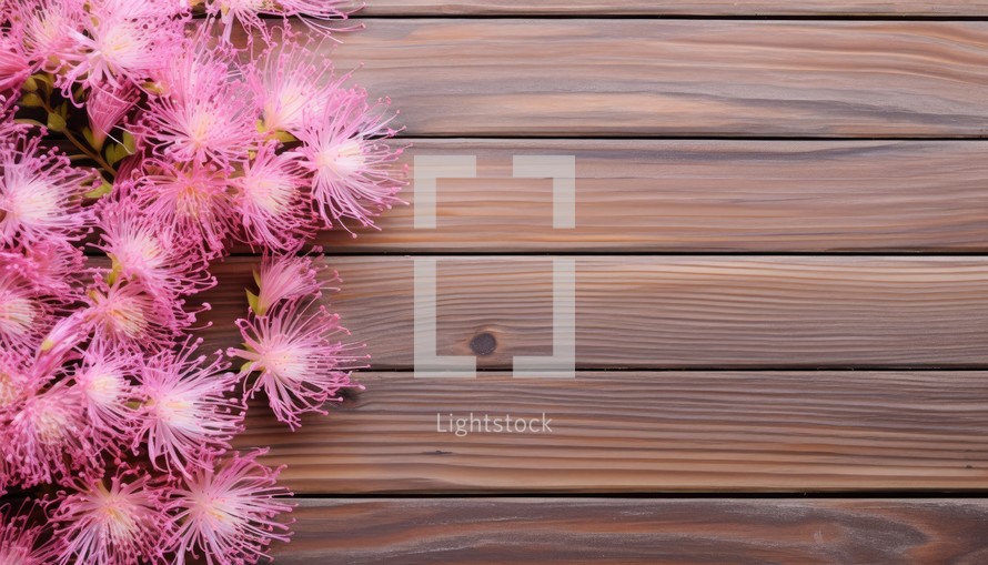 Pink flowers on a wooden background. View from above. Place for text.