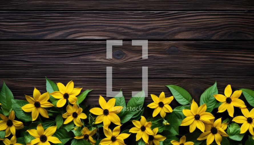 Yellow flowers on wooden background. Top view with copy space for your text.