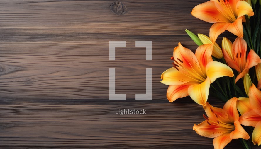 Orange lilies on wooden background. Top view with copy space.