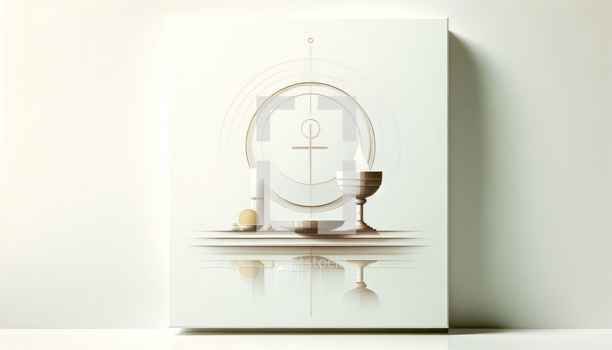 Eucharistic symbols. Lord's supper symbols and cross on the white background. 3d rendering.	