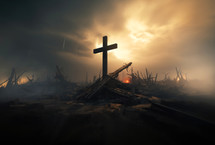 Horrors of war. Cross standing above destruction
