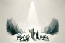 Christmas Nativity Scene. The shepherds visiting Jesus. Black and white artwork