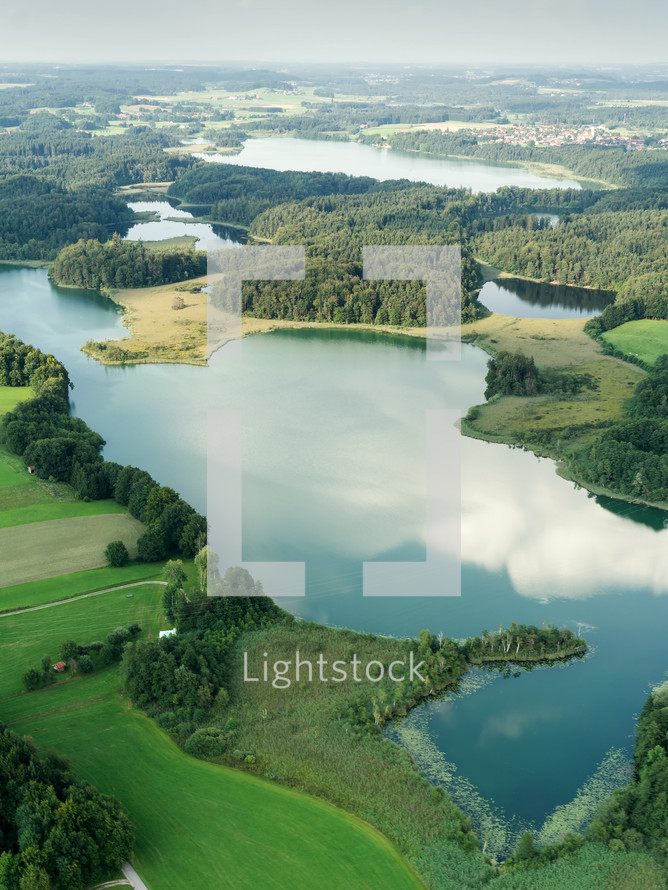 Aerial view over a lake in Bavaria 