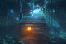 a glowing light in a cabin 