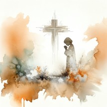 Little girl praying in front of a cross