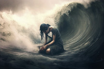 A woman grieving as waves crash into her.