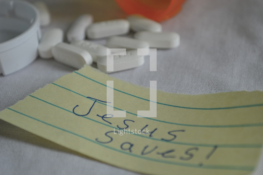 pills and note Jesus saves 