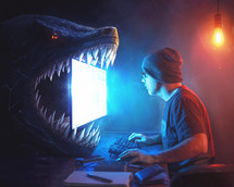 Man working a computer, not realizing that there is a monster behind the screen. 