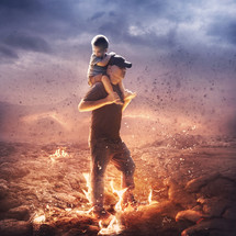 A father carries his child on his shoulders while walking through fire.