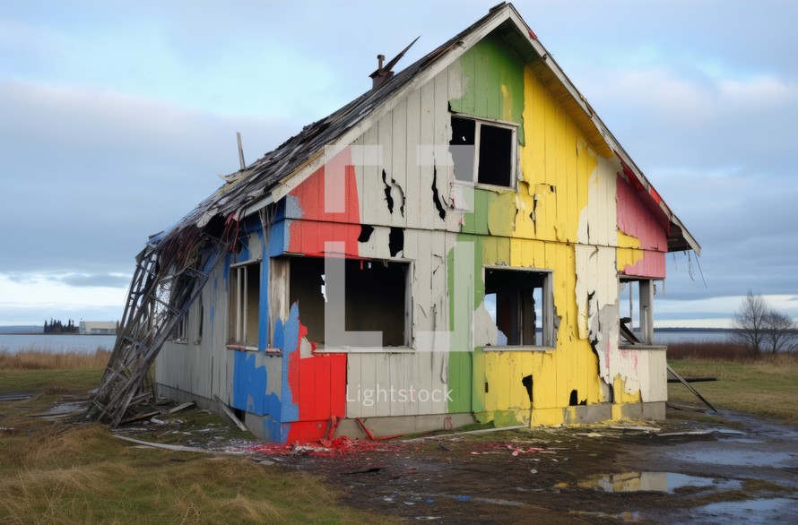 A rainbow painted on a damaged or destroyed house