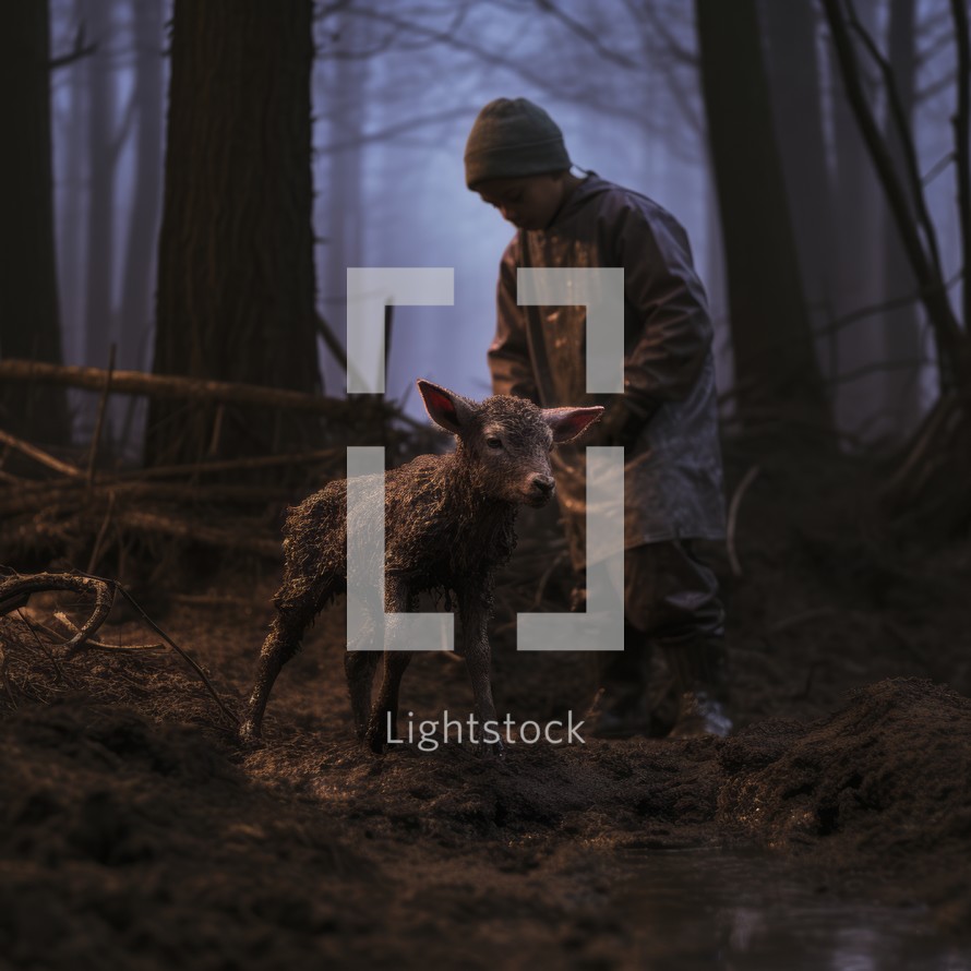 A boy standing above a young lamb in a muddy area, evoking biblical themes, within an atmospheric woodland setting that adds depth and intrigue to the scene
