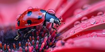 Red ladybug on a flower petal with water drops close up