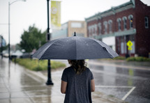 a woman walking with an umbrella in the rain.