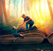 father happily pulls his son up on top of a large book full of beautiful flowers and lights