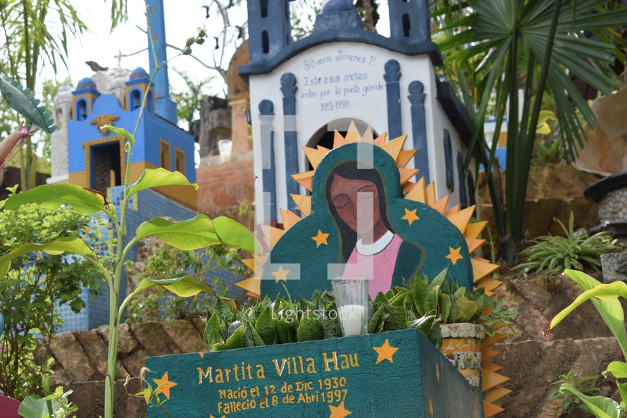 Memorials and colorful tombstones in a Mexican Cemetery 