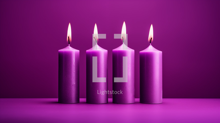 Four minimalistic advent candles on purple background. 