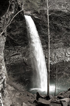 Waterfall surrounded by barren trees