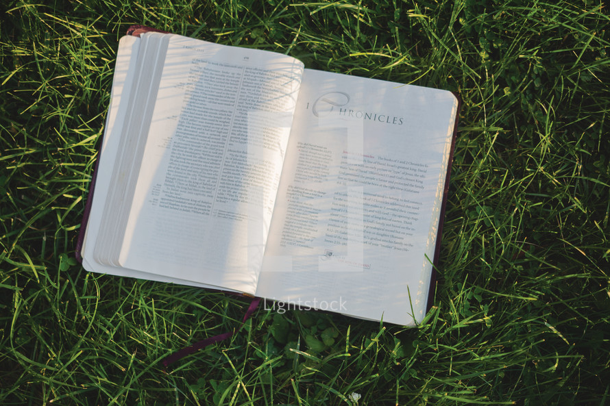 a Bible in the grass opened to Chronicles 