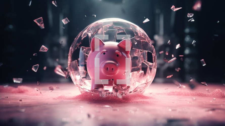 A pink piggy bank with glass breaking around it. 
