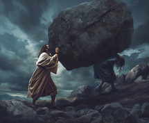 Jesus helps carry stone on top of woman.