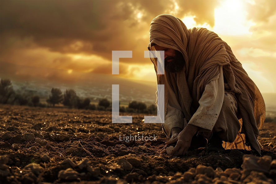 A farmer planting seeds in his field