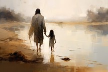 Jesus walking with a little girl on the river bank. Digital painting illustration.