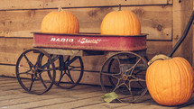 orange pumpkins in a red wagon 
