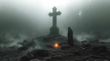 Cross in the light with a man standing in front of it. Dark, foggy landscape. Black and white
