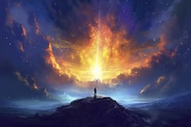 Man standing on the top of a mountain in a fantasy space