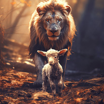 Lion and the lamb in the forest