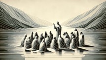  Jesus preaching in Galilee and gathering his disciples. Life of Jesus. Digital illustration. Vector illustration in retro style

