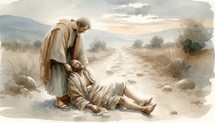 Parable of the Good Samaritan. 13th Parable of Jesus Christ. Watercolor Biblical Illustration