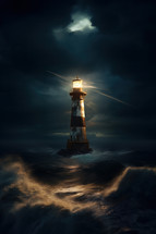 A lighthouse in the middle of the night in a stormy sea.