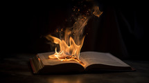 An open bible or book catching fire. 