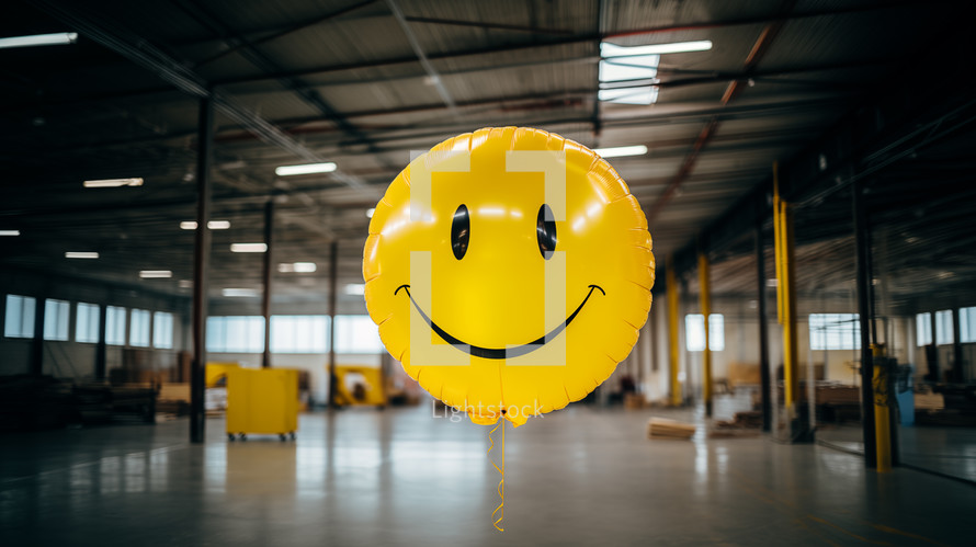Yellow smiley face balloon in warehouse. Workplace happiness concept. 