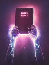 Two hands hold up a Bible with glowing lights and lightning