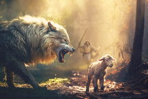 Jesus runs to defeat a wolf attacking a lamb