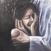 A digital painting of a crying woman being held tight by Jesus.