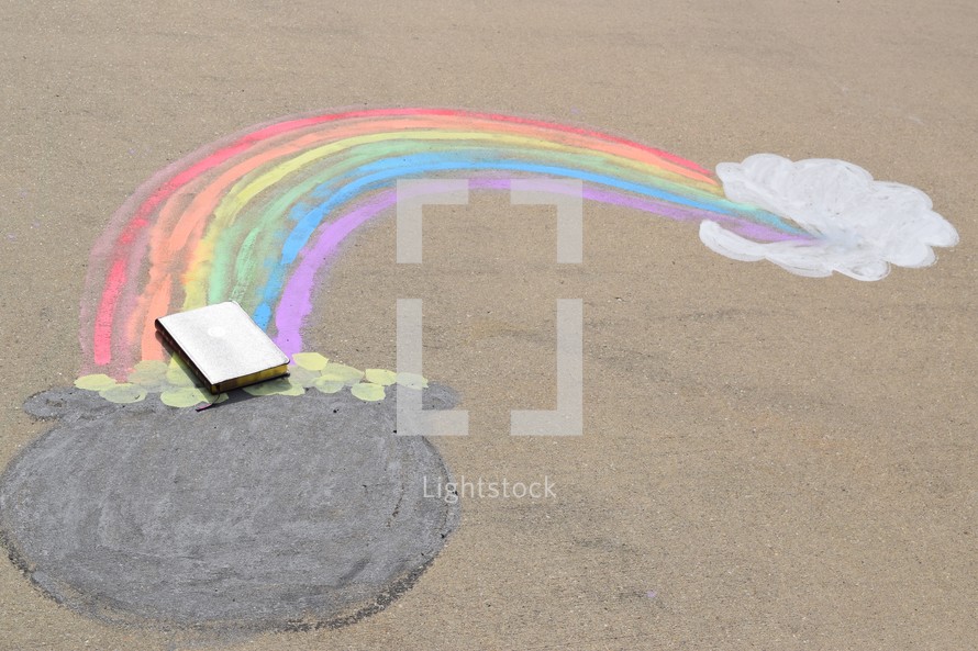 a glowing Bible in a pot of gold at the end of a rainbow 
