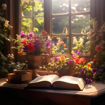Open Bible in front of beautiful flowers and window light.