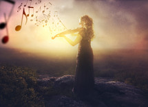 woman playing a violin and music notes 
