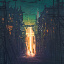 A man walks towards a bright glowing cross in a dark city.