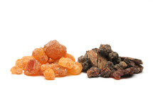 Frankincense resin (on left) and Myrrh resin (on right)
