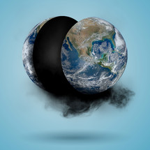 Earth split in half and black smoke 