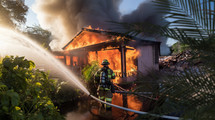 A firefighter inspects a blazing building that is on fire in a tropical residence suburb area.