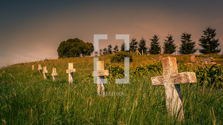 crosses on a grassy hill 