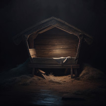 Wooden manger with covering and lit inside